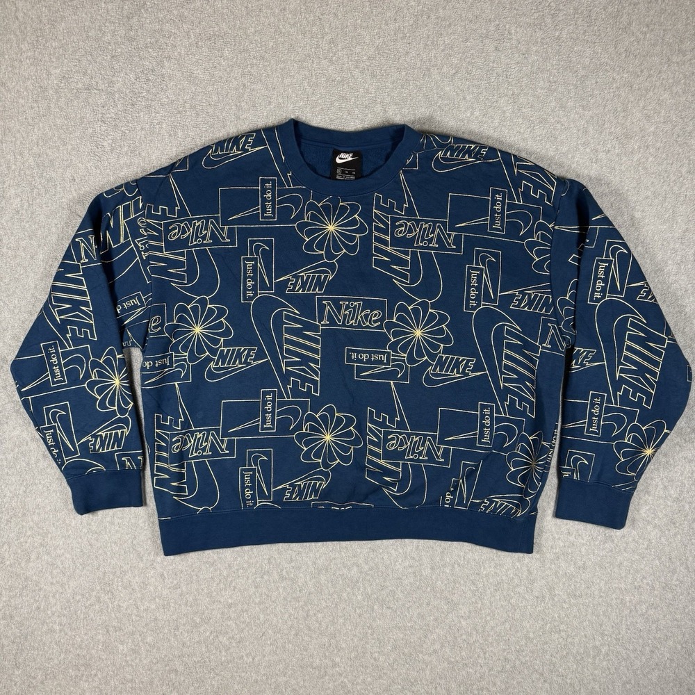 Nike All Over Print Crewneck Sweatshirt XL Blue Gold Floral Just Do It